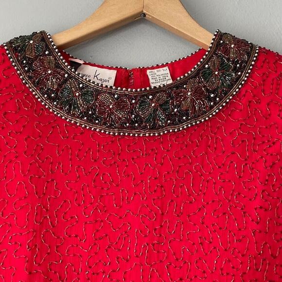 Laurence Kazar Size L XL Red Black Silk Bow Beaded Top Maximalist Dopamine - Picture 3 of 9